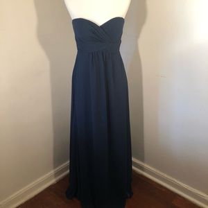 Navy strapless chiffon gown